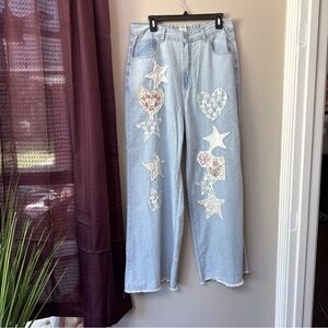 RB31 Pol Heart And Stars Patchwork Denim Jeans Size Medium